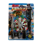 Police toy set with toy pistol, grenades, binoculars, and target board on blister packaging.