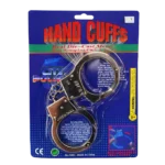 Toy metal handcuffs with keys in blue blister packaging labeled “Hand Cuffs – Real Die-Cast Metal”