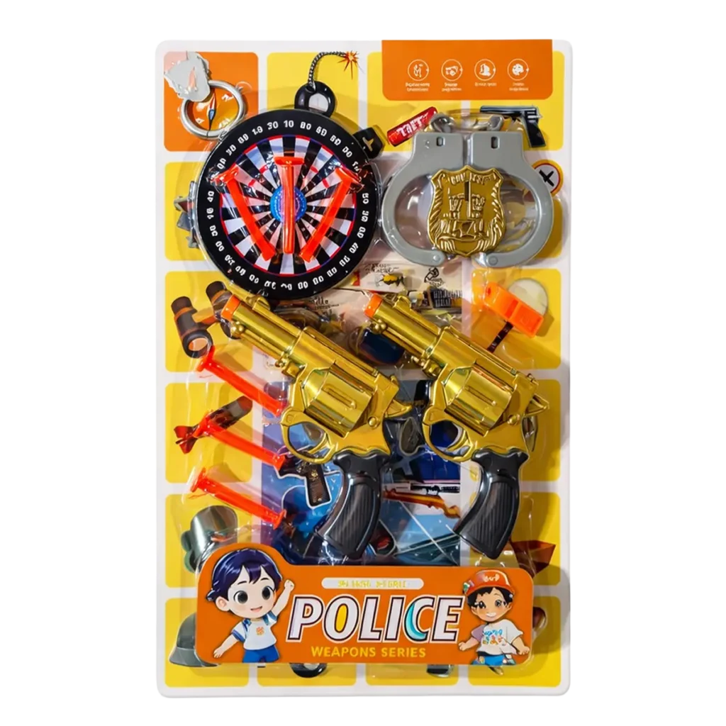 Police toy playset with two toy revolvers, suction darts, dartboard target, handcuffs and accessories in colorful blister packaging.