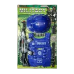 Police costume toy playset with blue helmet, police vest, toy rifle, walkie-talkie and accessories in green blister packaging.