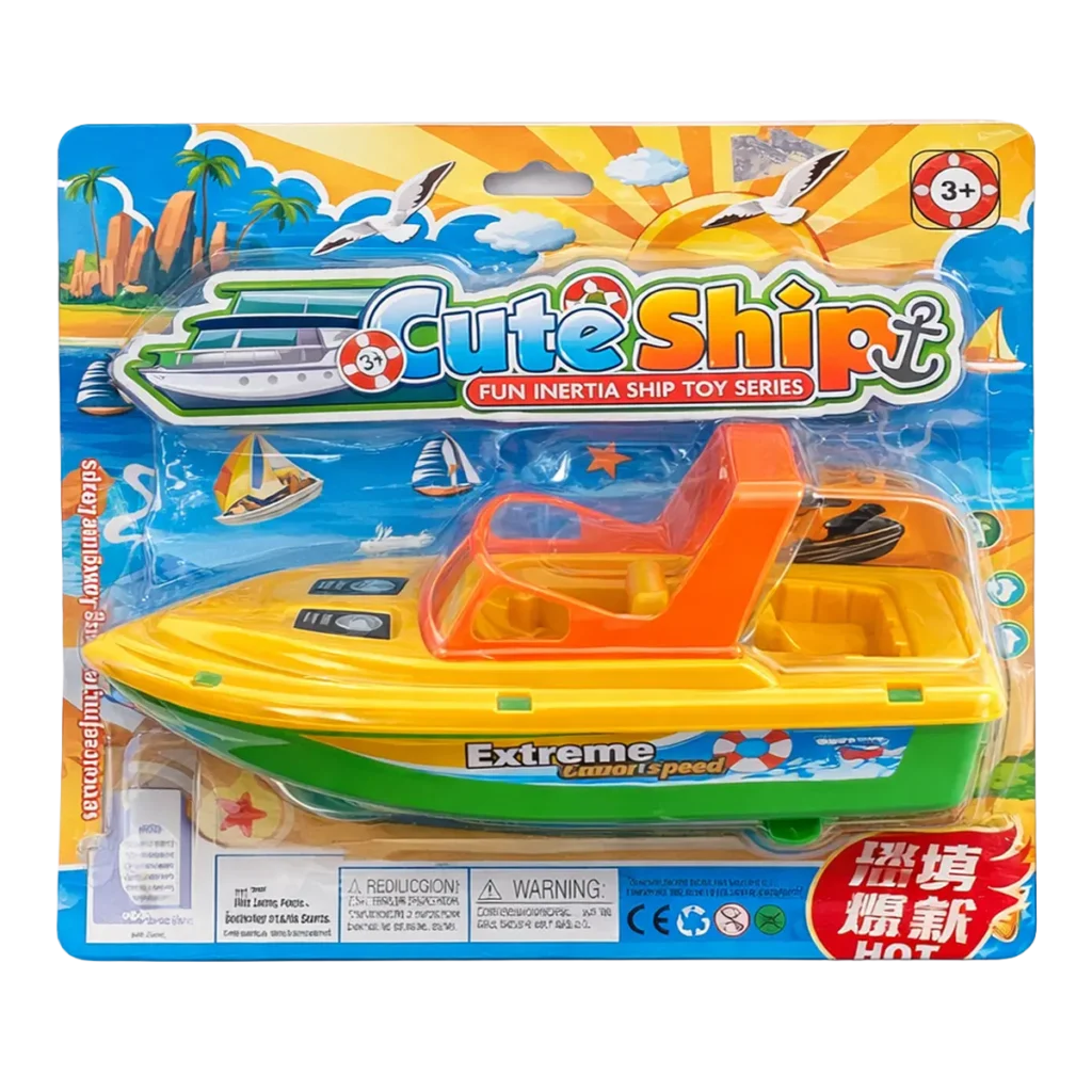 Colorful toy speedboat in blister packaging labeled “Cute Ship Fun Inertia Ship Toy Series,” featuring a yellow and green plastic boat with orange cockpit and beach-themed backing card.