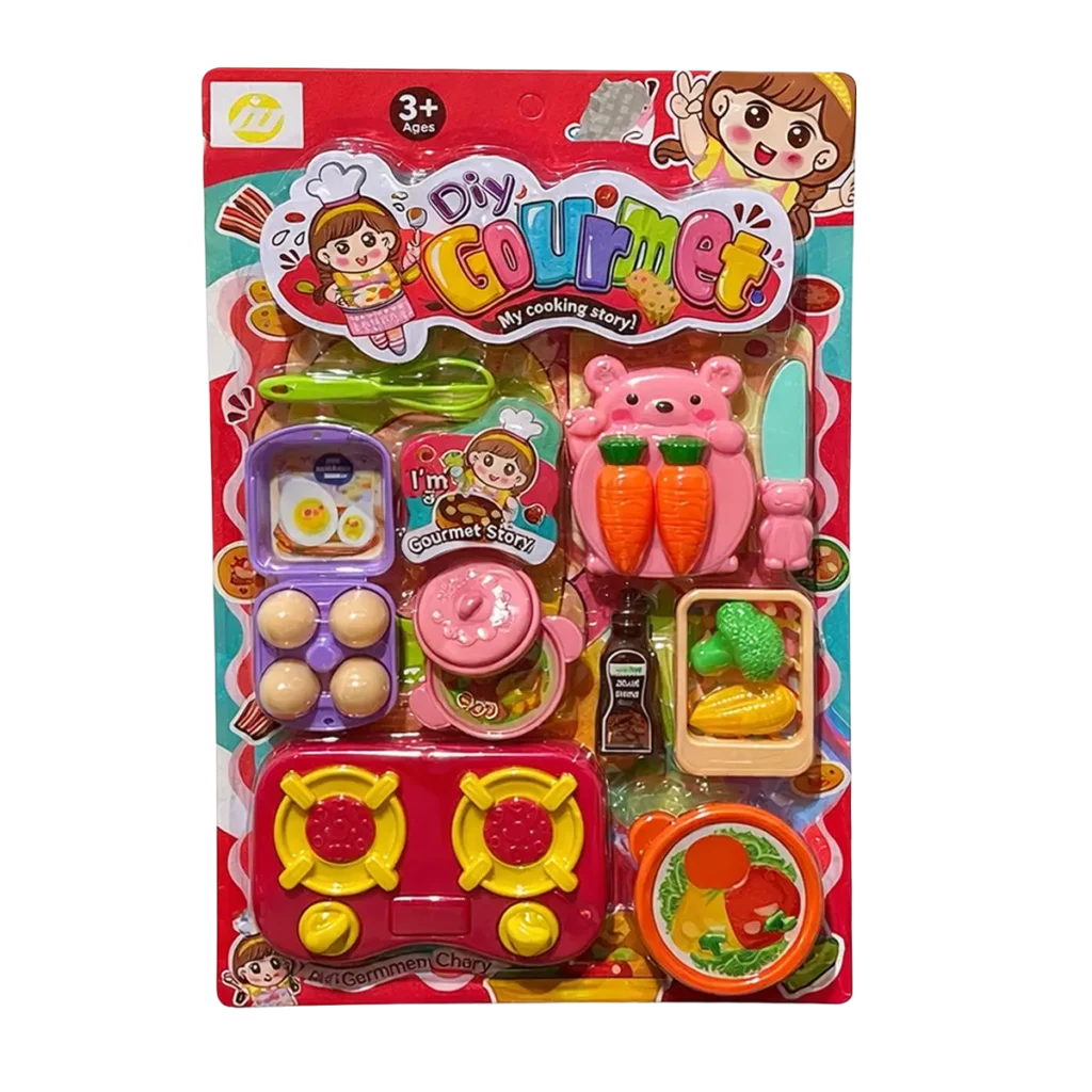 Children’s DIY Gourmet cooking playset with toy stove, pan, eggs, vegetables, knife, and kitchen accessories in colorful blister packaging.