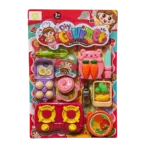 Children’s DIY Gourmet cooking playset with toy stove, pan, eggs, vegetables, knife, and kitchen accessories in colorful blister packaging.