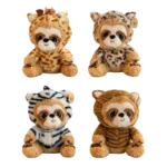 Four plush sloth toys wearing animal costumes (giraffe, leopard, zebra, and tiger) arranged in two rows on a white background.