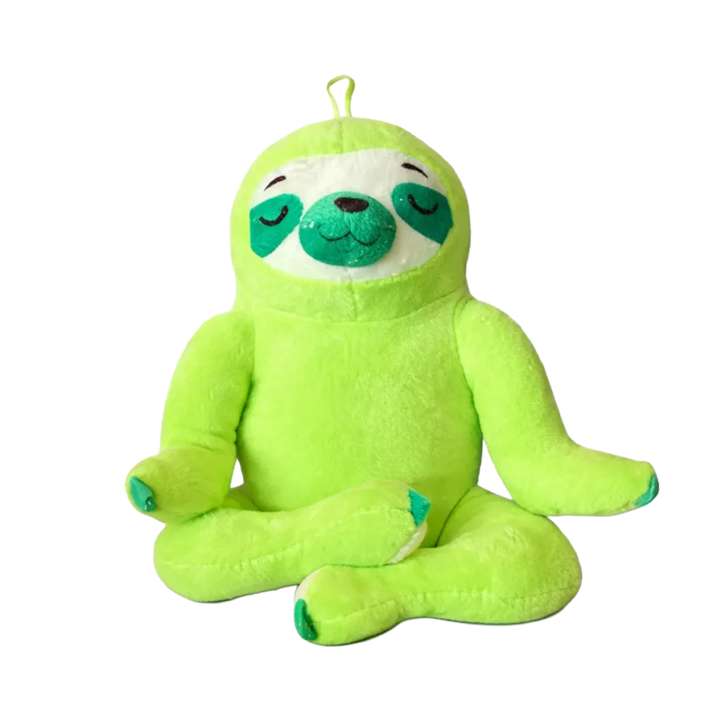 Green plush sloth sitting with crossed legs on white background