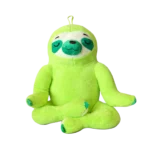 Green plush sloth sitting with crossed legs on white background