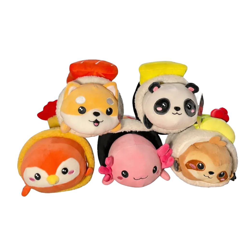 Assorted cute plush animals in food-themed costumes including a fox, panda, penguin, axolotl, and deer, arranged together on a white background.
