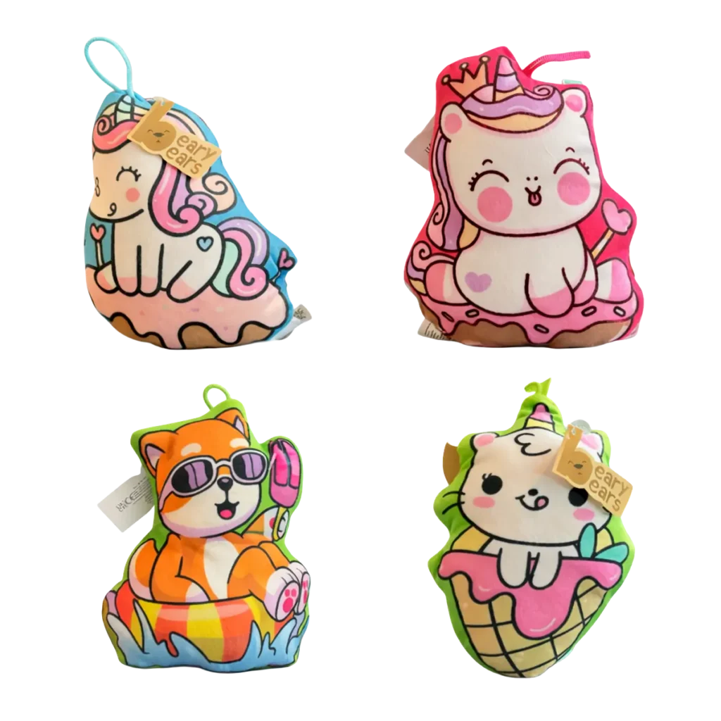 Four colorful plush keychain toys with cute cartoon animals and dessert themes arranged in two rows on a white background.