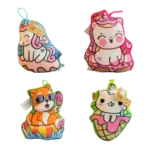 Four colorful plush keychain toys with cute cartoon animals and dessert themes arranged in two rows on a white background.