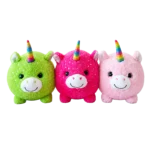 Three colorful plush unicorns in green, pink, and light pink with rainbow horns, displayed side by side on a white background.
