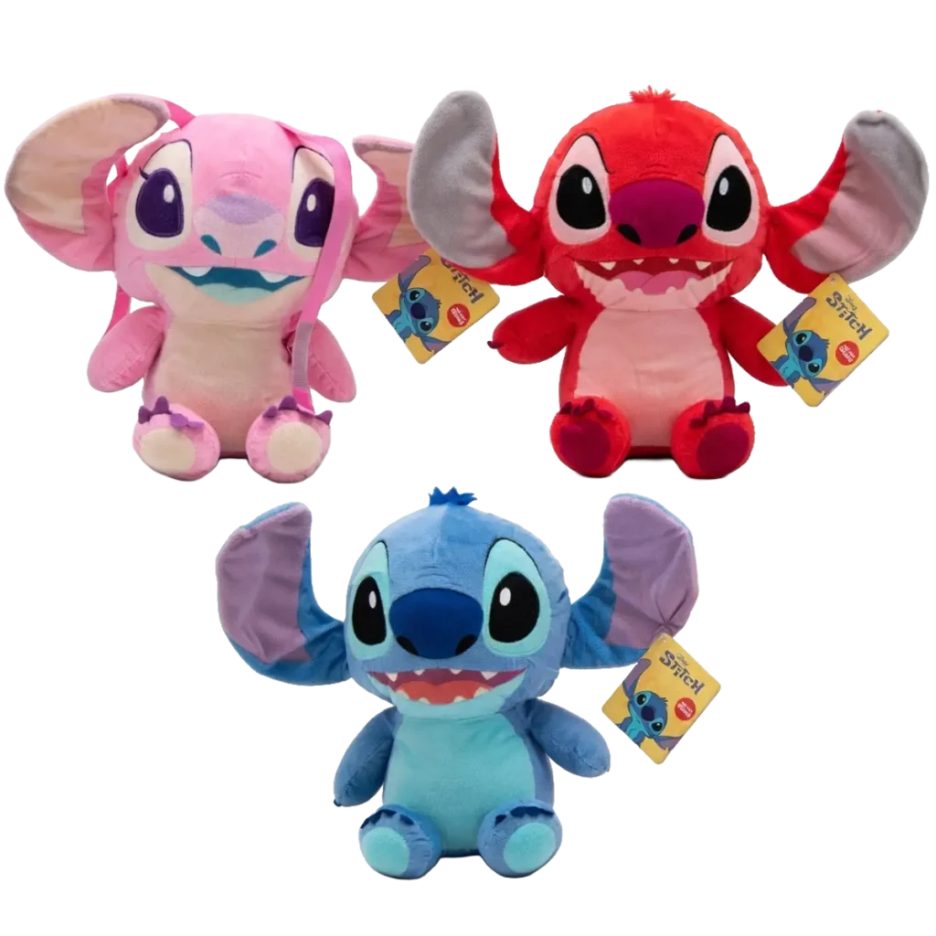 Three plush Stitch toys in blue, red and pink sitting with large ears and embroidered faces on a white background.