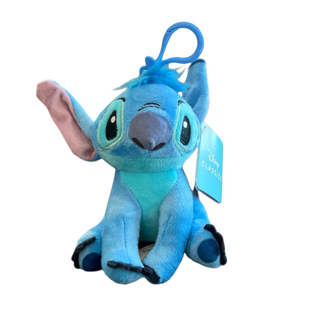 Disney Stitch plush keychain from Disney Classics collection, blue Stitch character soft toy with clip hanger.