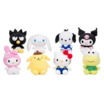 Assorted Sanrio plush toys including My Melody, Pompompurin, Hello Kitty, Keroppi, Badtz-Maru, Cinnamoroll and Kuromi displayed on a transparent background.