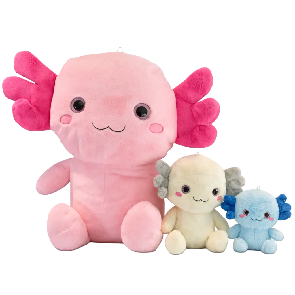 Three plush axolotl toys in different sizes and colours (pink, cream and blue) with soft gills and friendly embroidered faces.