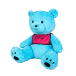 Blue teddy bear plush toy sitting upright wearing a pink bib with geometric symbols on a white background.