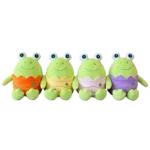 Four plush frog toys with big eyes and colourful patterned outfits in orange, yellow, white and purple.
