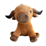 Brown plush buffalo toy with curved black horns and soft fabric sitting on a white background.