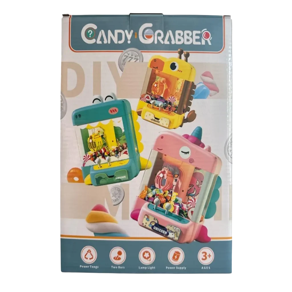 Candy Grabber mini claw machine toy with dinosaur, giraffe and unicorn designs shown on product packaging.
