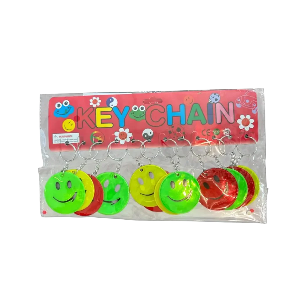 Assorted smiley face keychains in green, yellow and red displayed on retail packaging card.