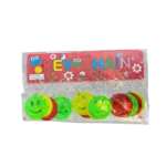 Assorted smiley face keychains in green, yellow and red displayed on retail packaging card.