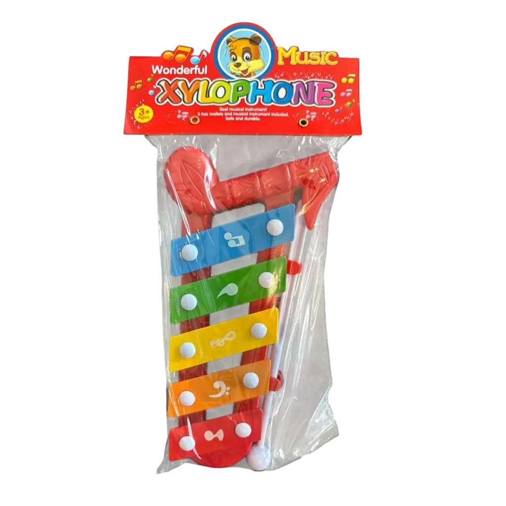Colourful toy xylophone with five keys and mallet in plastic packaging labelled Wonderful Music Xylophone.