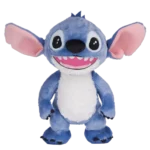Blue Stitch plush toy with large ears, big smile and white belly, standing on a white background.
