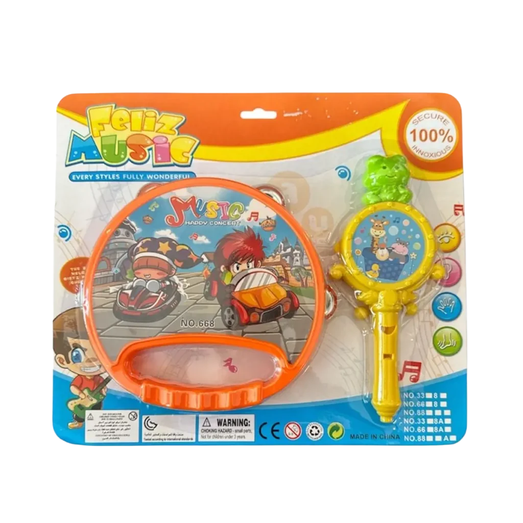 Children’s music toy set with tambourine and handheld rattle drum in colourful blister packaging.