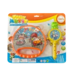 Children’s music toy set with tambourine and handheld rattle drum in colourful blister packaging.