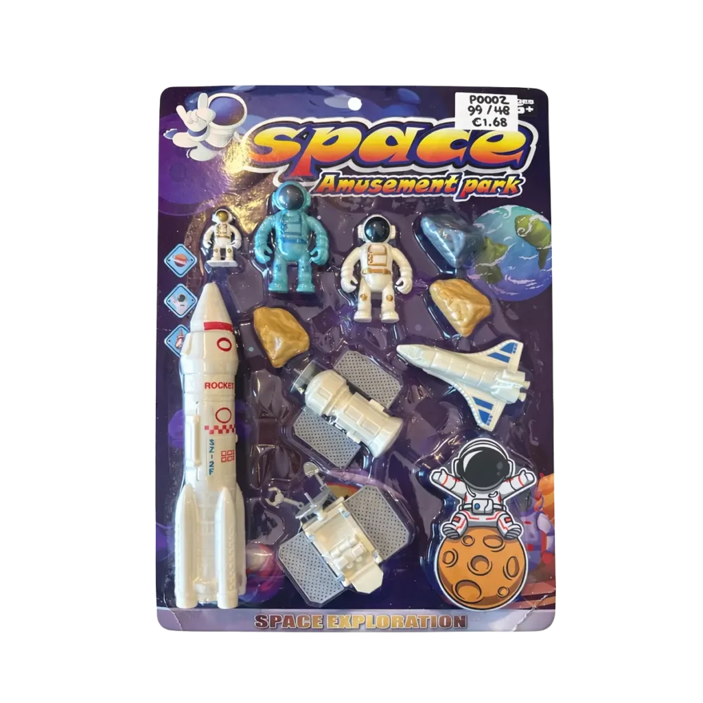 Space Exploration toy playset with astronauts, rocket, satellite and space shuttle in blister packaging.