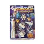 Space Exploration toy playset with astronauts, rocket, satellite and space shuttle in blister packaging.