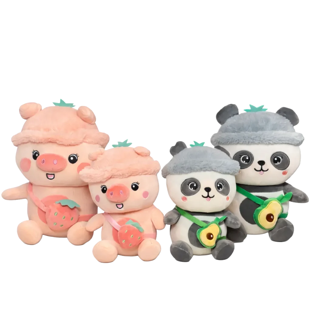 Four plush animals including two pigs with strawberry accessories and two pandas with avocado bags, displayed together on a white background.