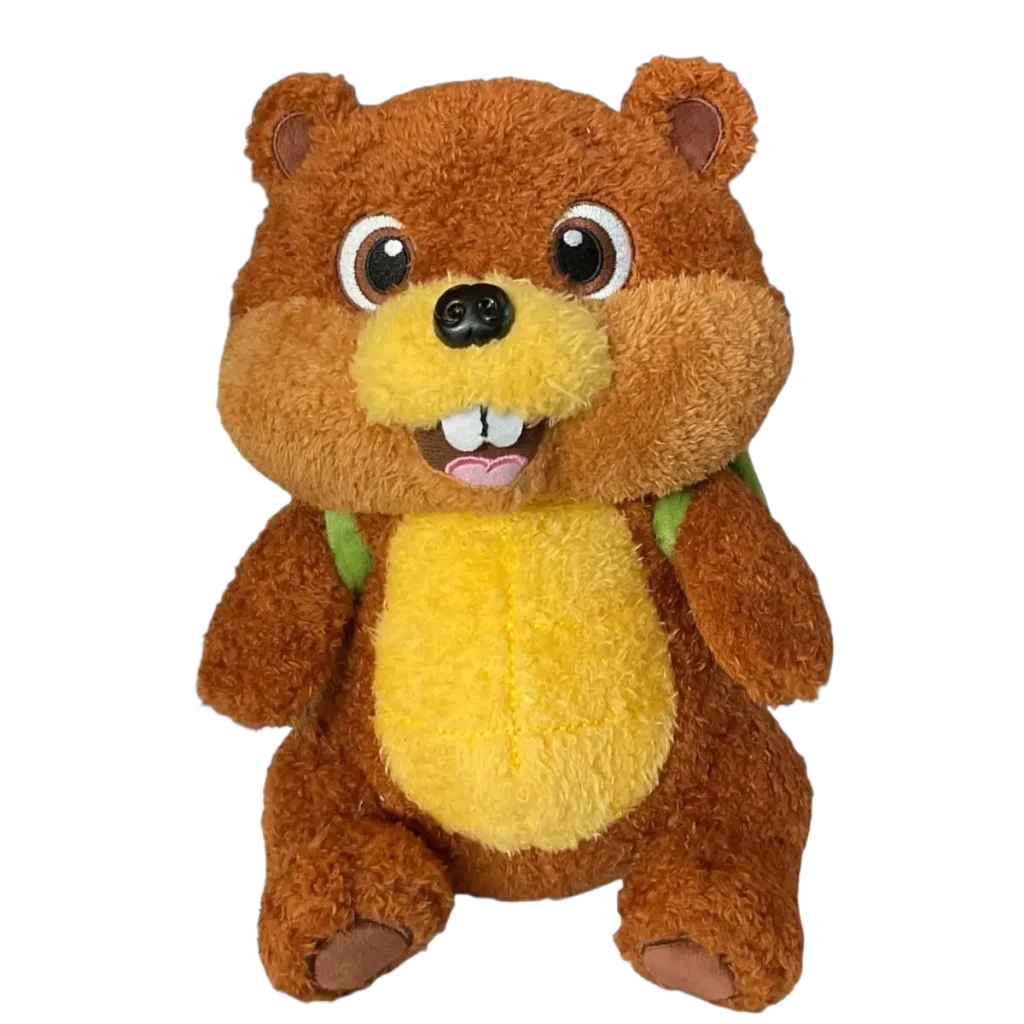 Brown beaver plush toy with yellow belly and buck teeth, sitting upright and facing forward on a clean white background.