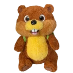 Brown beaver plush toy with yellow belly and buck teeth, sitting upright and facing forward on a clean white background.
