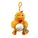 Cute chicken plush keychain holding an egg, with orange clip, red comb and soft fluffy yellow fabric on a clean white background