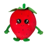 Cute strawberry plush with a smiling face, large shiny eyes, and green leaves on top, sitting with small arms and legs on a white background.