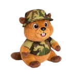 Plush beaver in camouflage outfit with cap, sitting in frontal position.