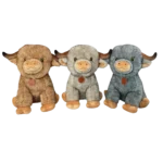 Three plush highland cows in brown, light gray and blue-gray, sitting next to each other with brown horns.
