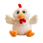 White cartoon chicken plush toy with orange beak and feet, red comb and wings raised, on a transparent background.