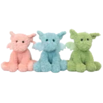 Three plush dragons in pink, light blue and green with soft fur and wings, sitting next to each other against a white background.