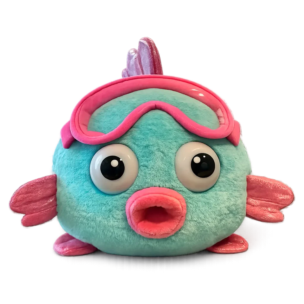 Front view of turquoise plush fish with pink fins, large cartoon eyes and pink swimming goggles