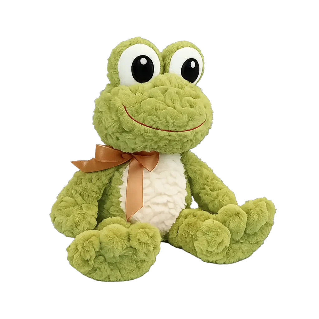 Green plush frog with large round eyes, a beige belly and a brown ribbon around its neck, sitting against a white background.