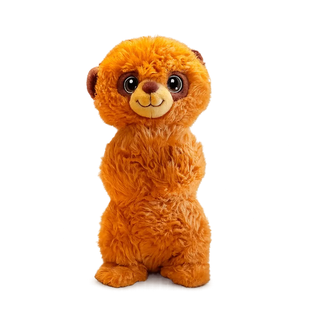 Orange plush meerkat standing upright with large round eyes and soft fluffy fur on a white background