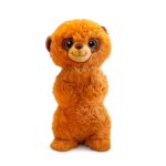 Orange plush meerkat standing upright with large round eyes and soft fluffy fur on a white background
