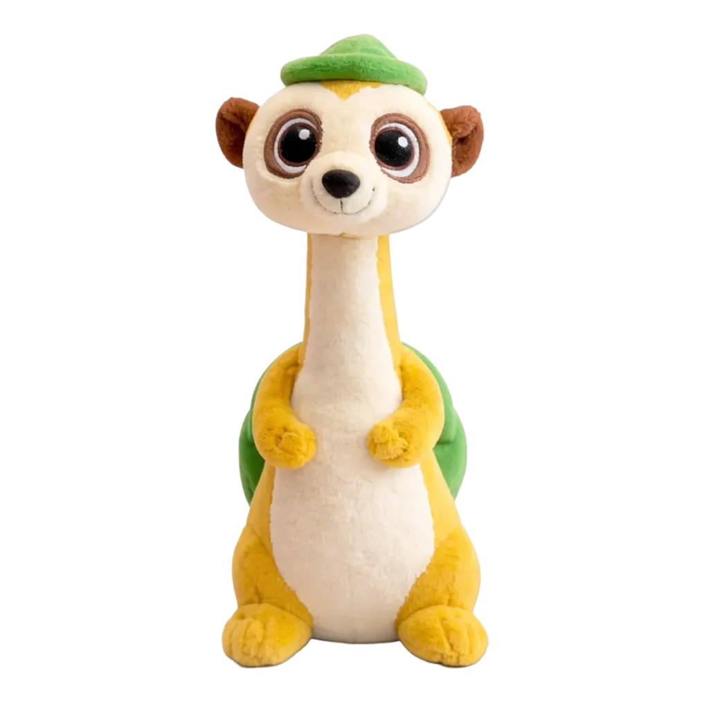 Plush meerkat wearing a green hat, sitting upright in a front-facing position.