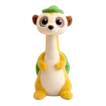 Plush meerkat wearing a green hat, sitting upright in a front-facing position.