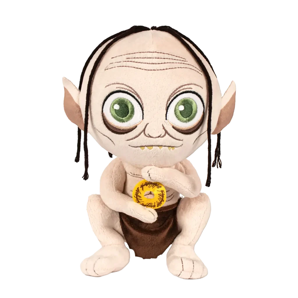 Gollum plush toy sitting while holding the One Ring, photographed at a three-quarter side angle on a light background.