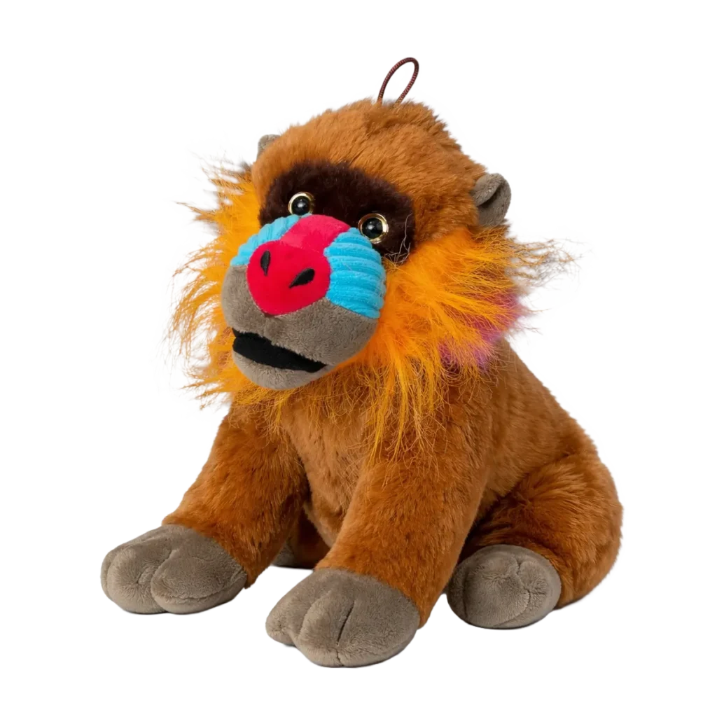Plush monkey with brown fur, colorful snout and striking orange mane, sitting against a white background.