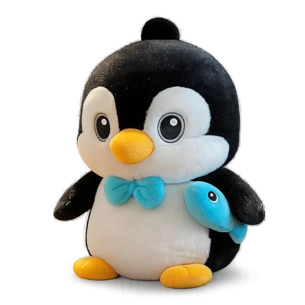 Plush penguin toy with blue bow tie holding a small blue fish