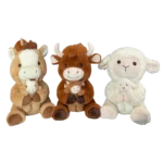 A plush unicorn, a highland cow, and a sheep, each holding a baby, sit together against a white background.
