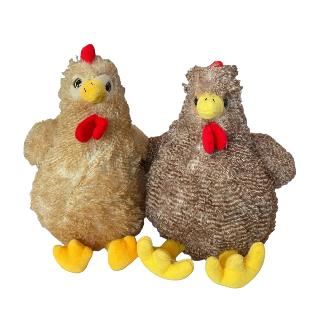 Two plush chickens in light beige and brown with yellow legs and a red comb, sitting next to each other against a white background.